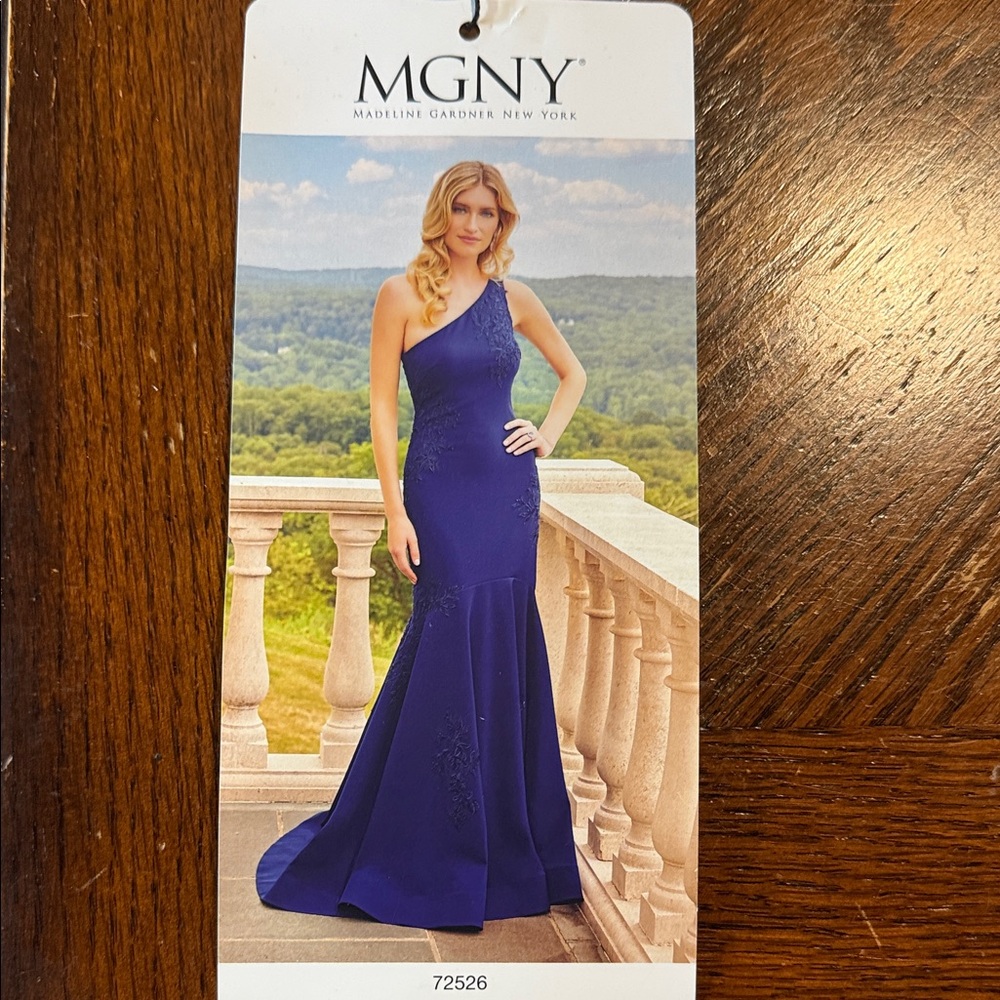 Mother of the Bride MGNY One-Shoulder Sapphire Blue Gown